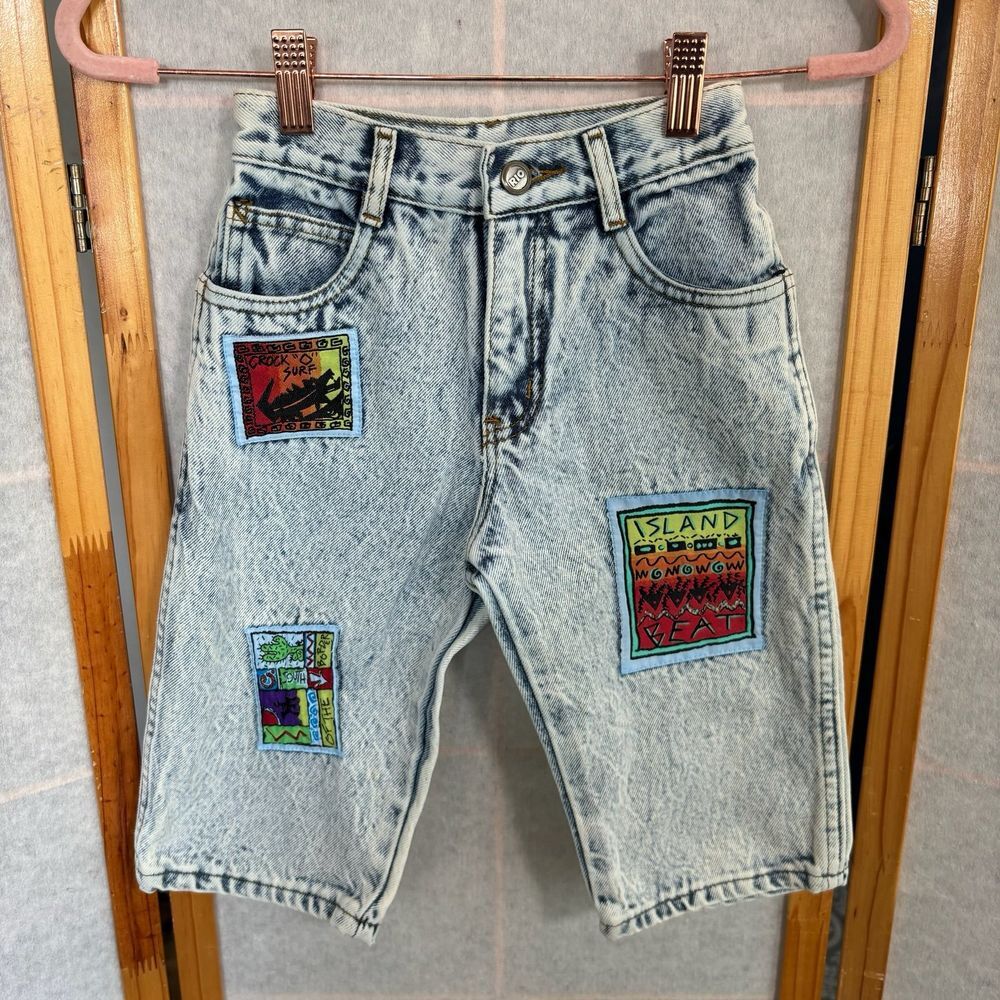 Vintage Boys‎ Acid Wash Patchwork Sz 8 Jean Shorts Jorts Light Wash Kids